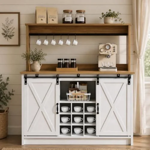 Secure 47 Farmhouse Coffee Bar Cabinet with Storage Hutch Excellent