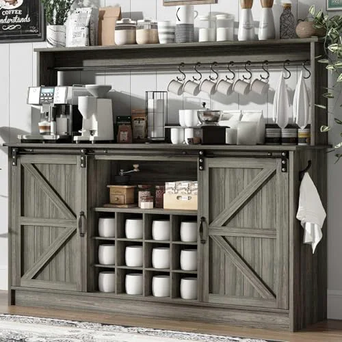 Innovative 55 Farmhouse Coffee Bar Cabinet with Storage Hutch Breathable
