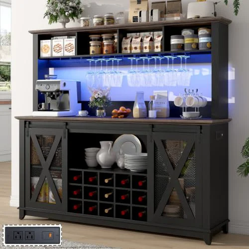 Elegant 63 Wide 58 H Farmhouse Coffee Bar Cabinet with Power Outlet and LED Light Eco-Friendly
