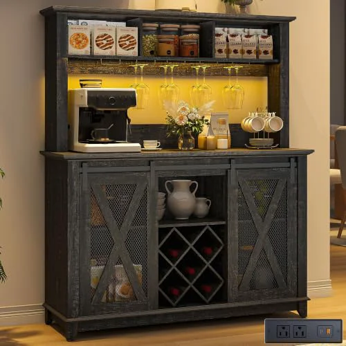 Refined 47 Wide 56 H Farmhouse Coffee Bar Cabinet with Power Outlet and LED Light User-Friendly