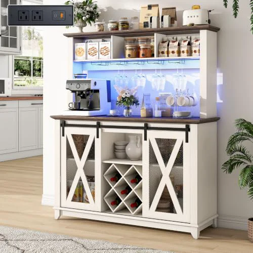 Recyclable 47 Wide 56 H Farmhouse Coffee Bar Cabinet with Power Outlet and LED Light Reusable