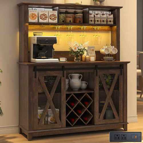 Effective 47 Wide 56 H Farmhouse Coffee Bar Cabinet with Power Outlet and LED Light Specialty