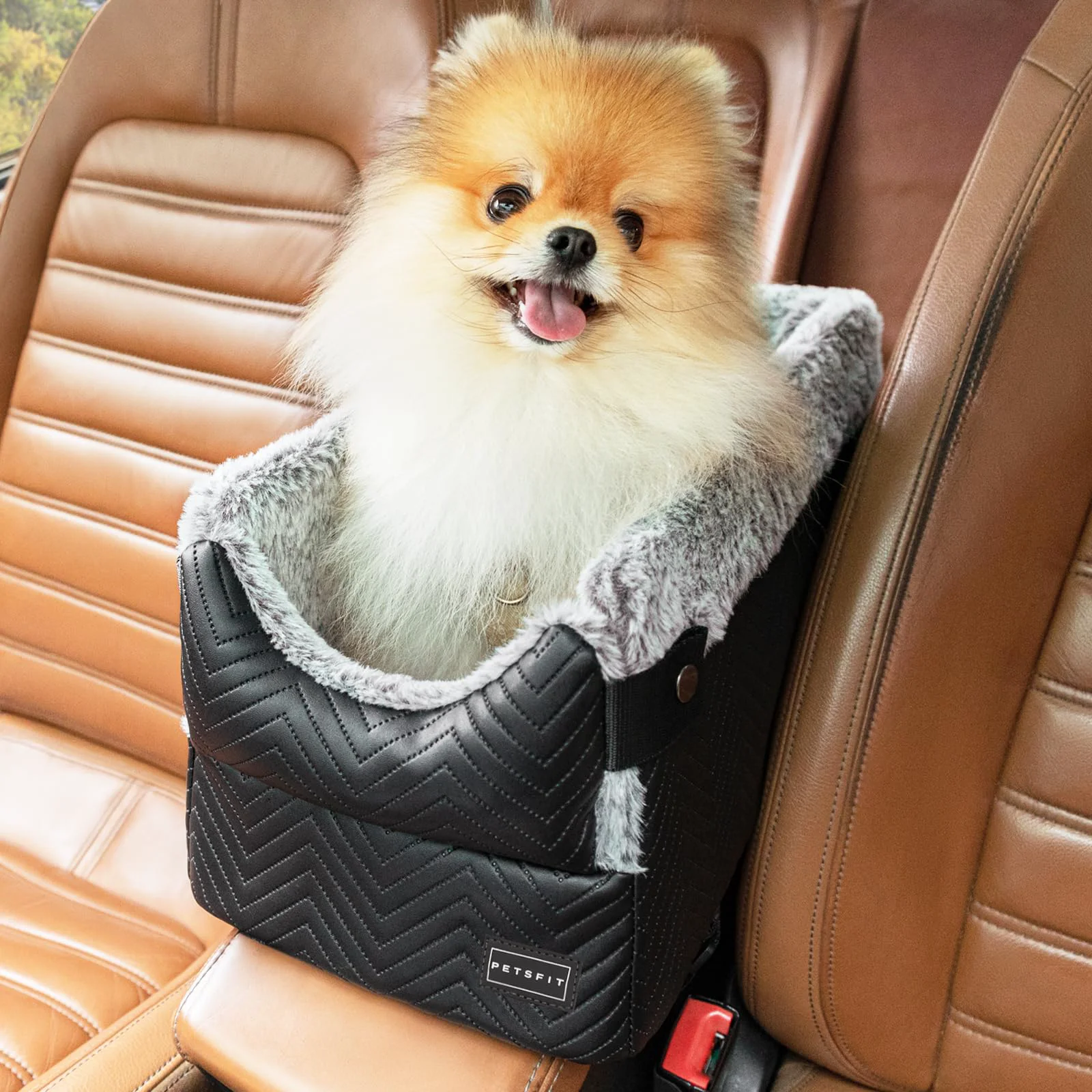 Long-Lasting PETSFIT Center Console Dog Car Seat for Small Dogs Up to 8 lbs — Safe Protection Hooks Washable Cushion Black Convenient