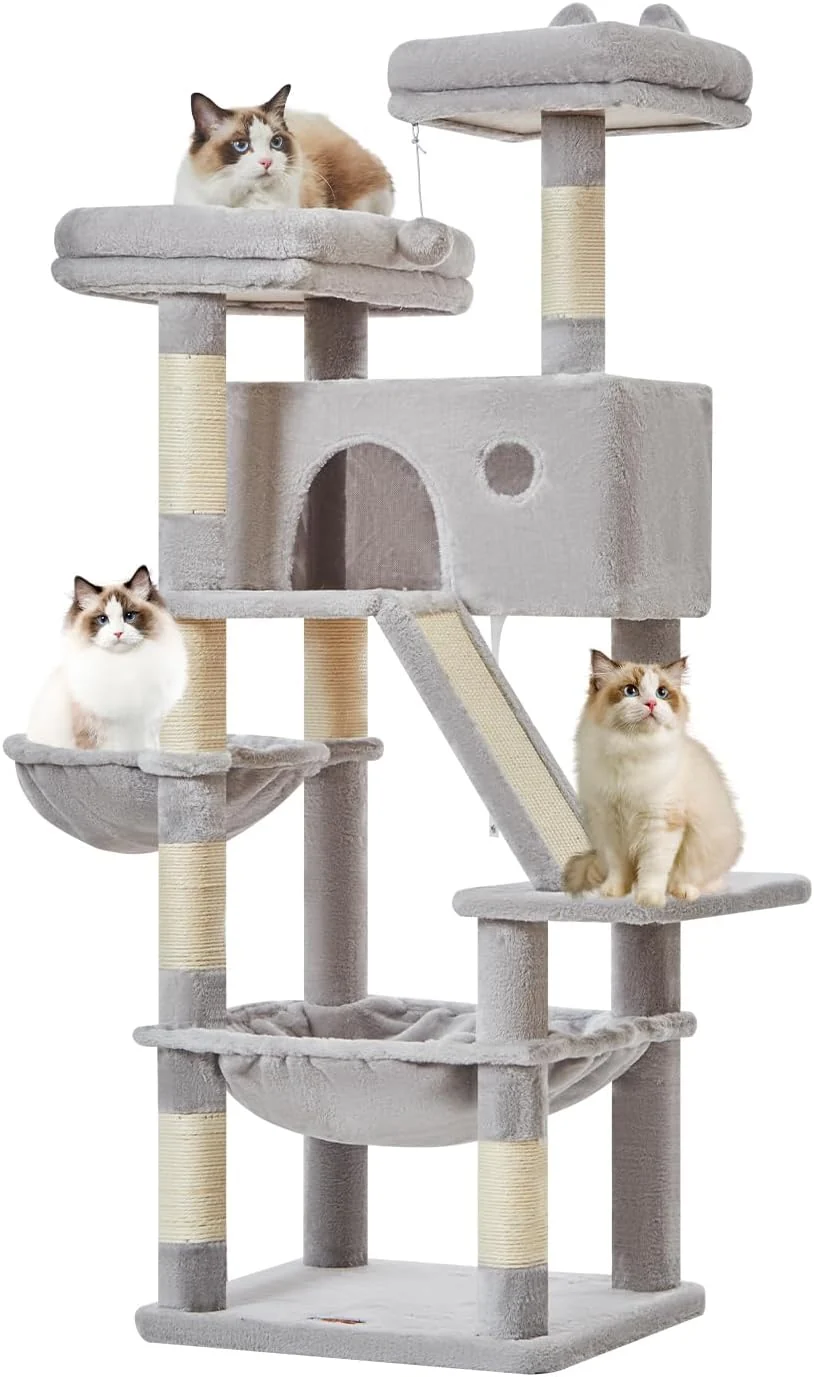 Natural Taoqimiao Cat Tree 57.5-Inch Cat Tower for Indoor Cats Large Adult Extra Large Cat Condo 8 Sisal Scratching Posts Metal Frame Cozy Hammock Durable Scratch Board 2 Top Perches Light Gray MS026W Excellent
