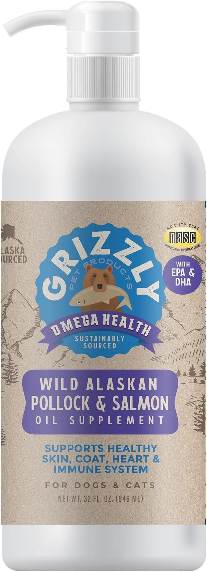 Easy-to-Use Grizzly Pet Omega Health Liquid Omega-3 for Dogs Cats — 32 oz Durable