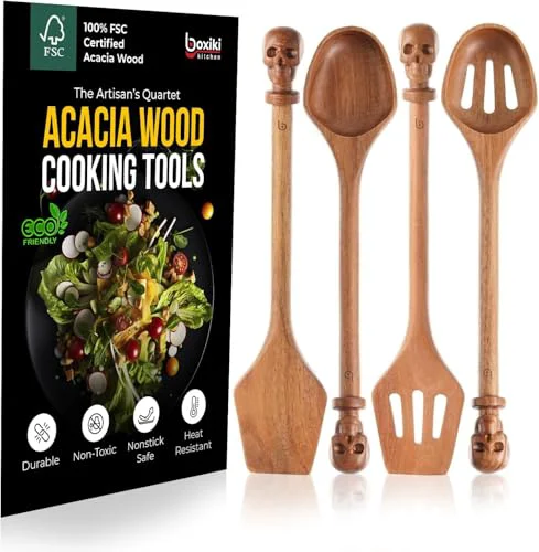 Optimized Acacia Wood Cooking Utensil Set with Skull Handles 4 Count User-Friendly