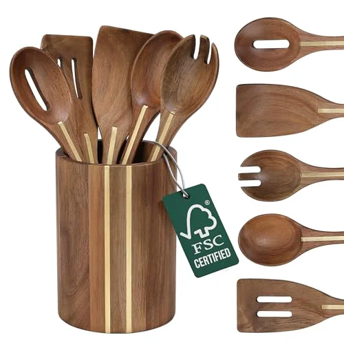 Casual Acacia Utensil Set of 5 with Holder 6 Count Practical