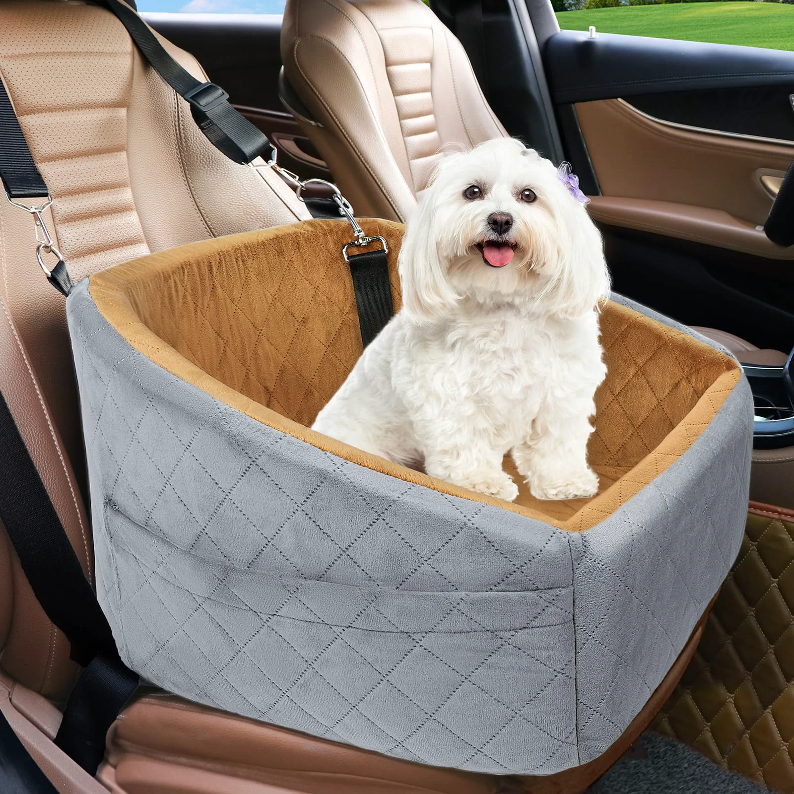Innovative NEEZUKAR Dog Car Seat for Small-Medium Dogs Detachable Washable Booster Seat with Storage Safety Belt Minimalist