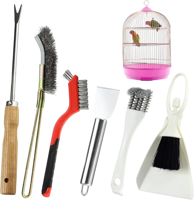 Relaxed 6PCS Bird Cage Cleaning Brush Tools Set Stainless Steel Bird Poop Remover Long-Lasting