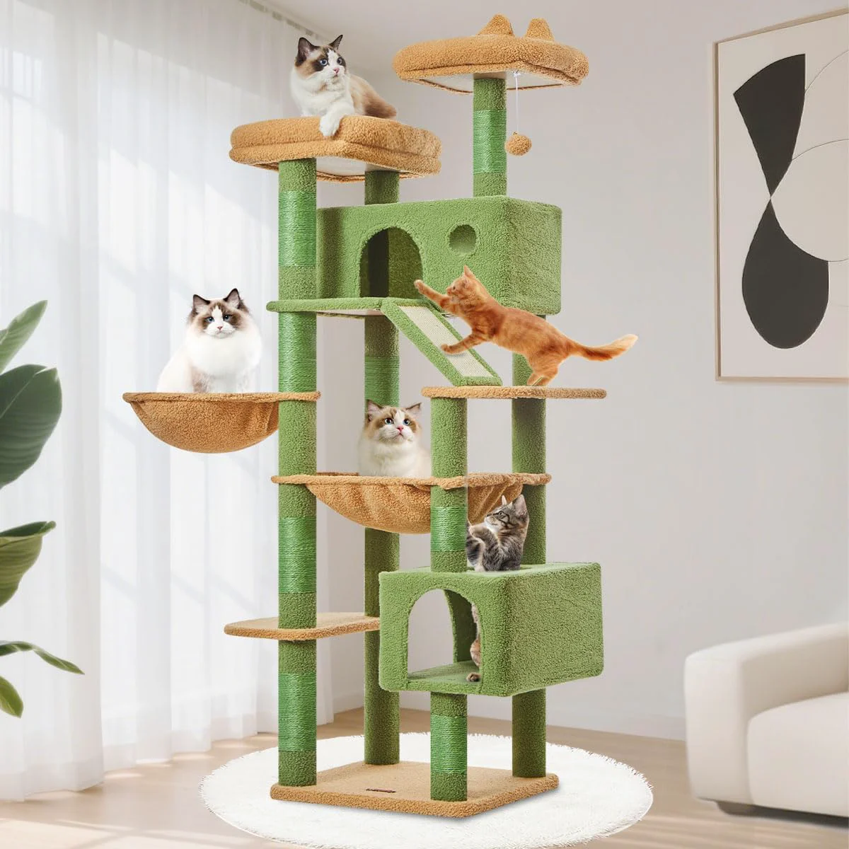 Comfortable Taoqimiao Cactus Cat Tree 71-Inch Cat Tower for Indoor Cats Large Adult Multi-Level Large Cat Condo 8 Sisal Scratching Posts Metal Frame Cozy Hammock Scratch Board 2 Top Perches MSC026L Detailed
