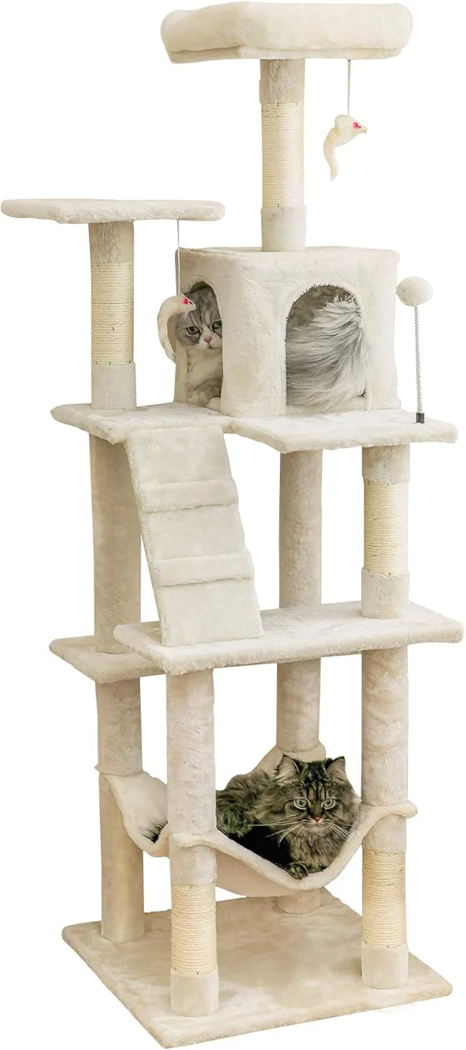 Original Design MWPO 63.8 inches Multi-Level Cat Tree for Large Cats with Sisal-Covered Scratching Posts Padded Platform Hammock and Condo Stable Cat Tower Cat Condo Pet Play House-Beige Fashionable