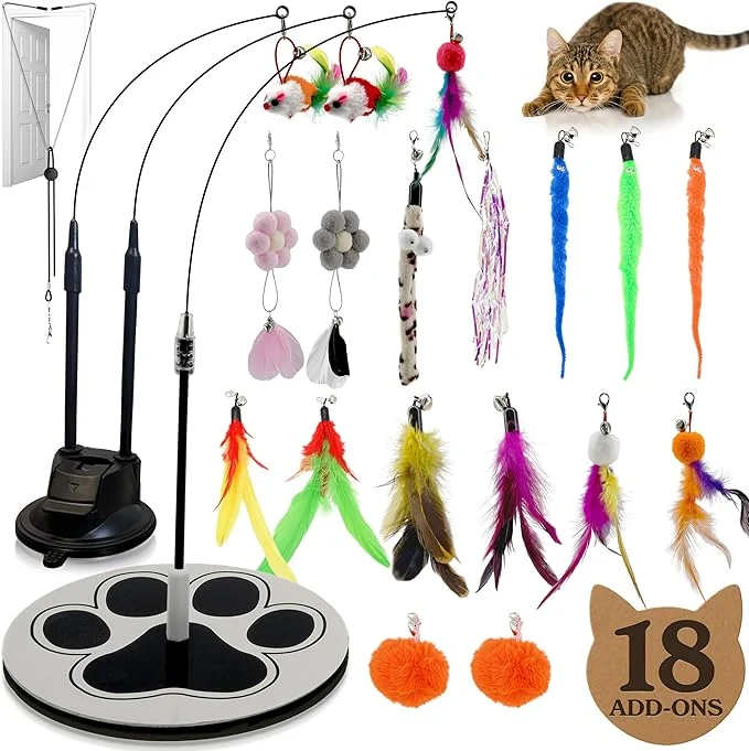 Environmentally Friendly 18-Piece Interactive Cat Toys for Indoor Cats -PATENTED Heavy Duty Self-Holding Floor Base Suction Cup – Durable Feather Wand Bird Simulation Self Play Kitten Toys for Bored Adult Cats Juguete GatoAbout This Enhanced