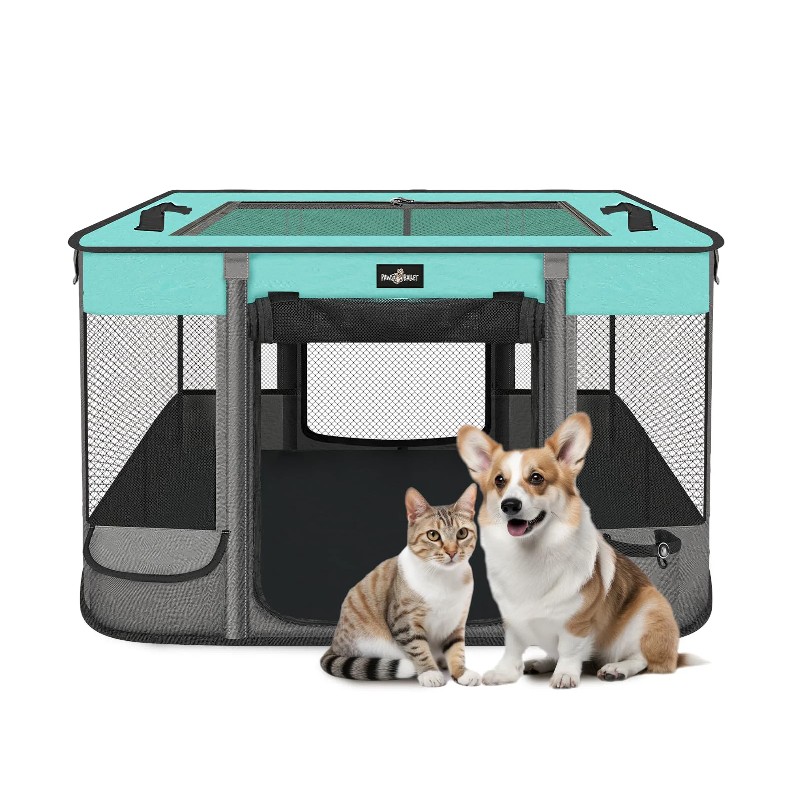 Smart PAW BALLET Foldable Pet Playpen for Cats Small Dogs – Waterproof Portable Kennel with Retractable Shade BlackTeal Natural