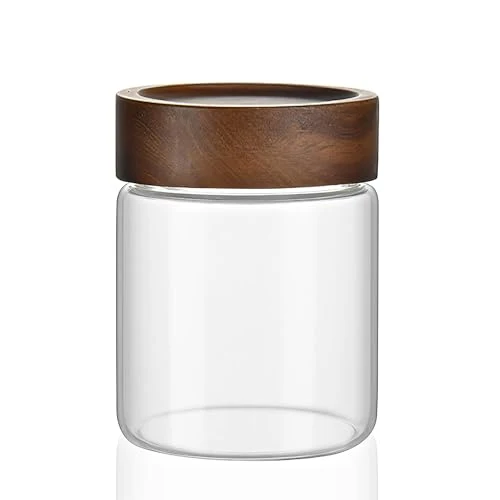 Soft 12 oz 350 ml Clear Glass Storage Canister with Airtight Wooden Lid Eco-Friendly