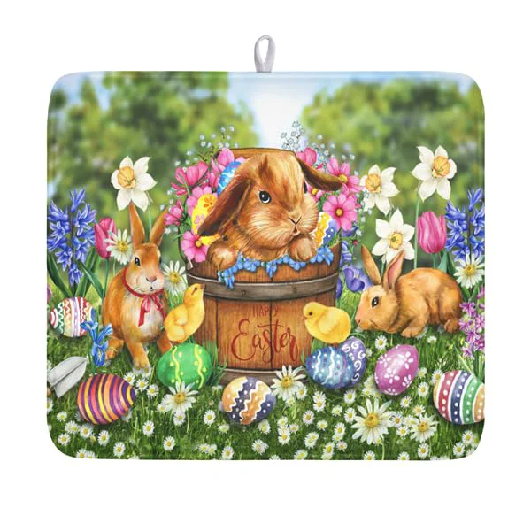 Traditional Easter Bunnies Eggs Dish Drying Mat for Kitchen Counter Excellent