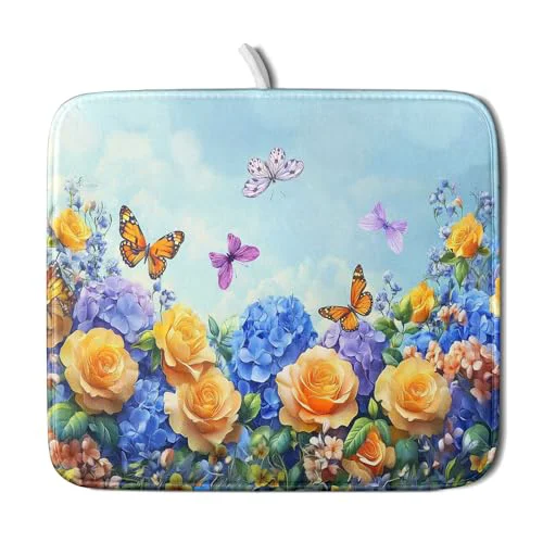 Top-Quality Spring Blue Yellow Hydrangeas Flowers Dish Drying Mat for Kitchen Counter World-Class