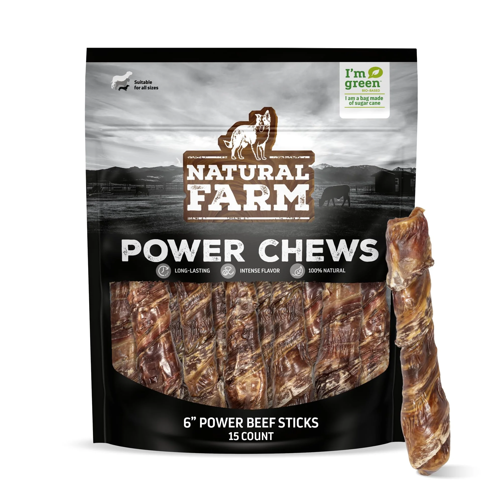 Smooth Natural Farm Power Beef Sticks Dog Chews 6 15-Pack – 2-in-1 Power Chews Premium Bully Cheek Wrapped in Beef Esophagus Refined