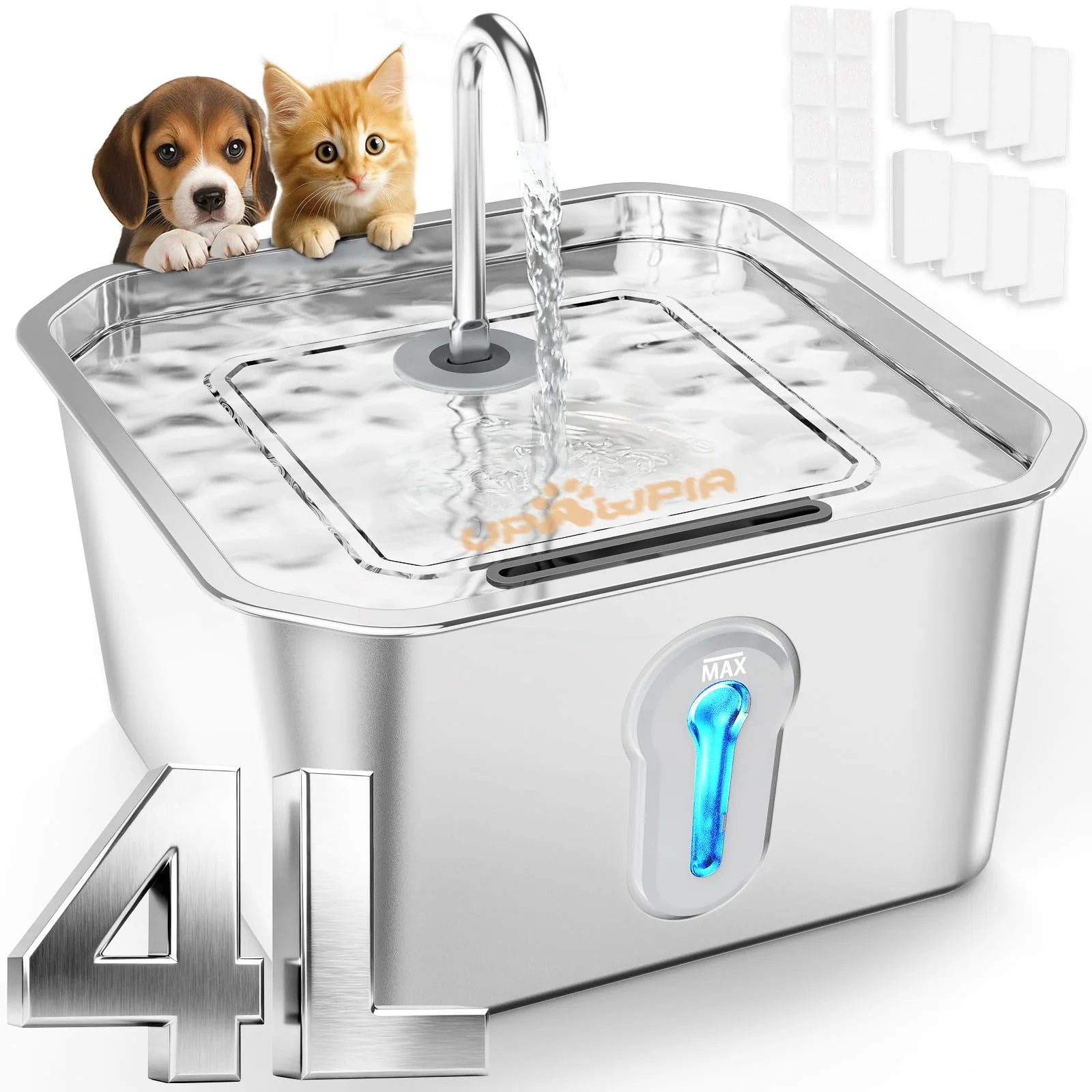Verified UPAWPIA 4L Cat Water Fountain Stainless Steel – Quiet 25dB 3-Stage Filtration Dual-Mode Flow Relaxed