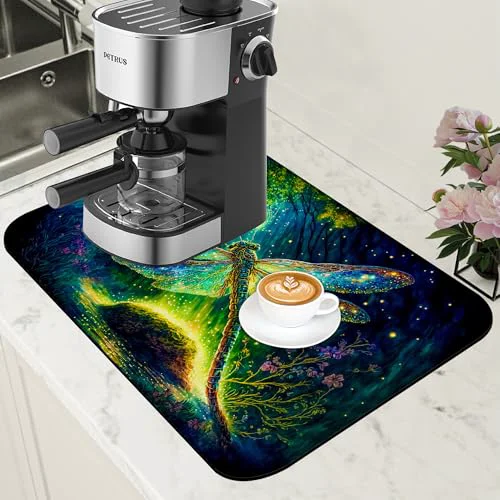 Sophisticated Dragonfly in Forest Coffee Mat Absorbent Dish Drying Mat for Kitchen Counter Hide Stain Rubber Backed Coffee Bar Accessories Fit Under Espresso Machine Cafe Table Modern