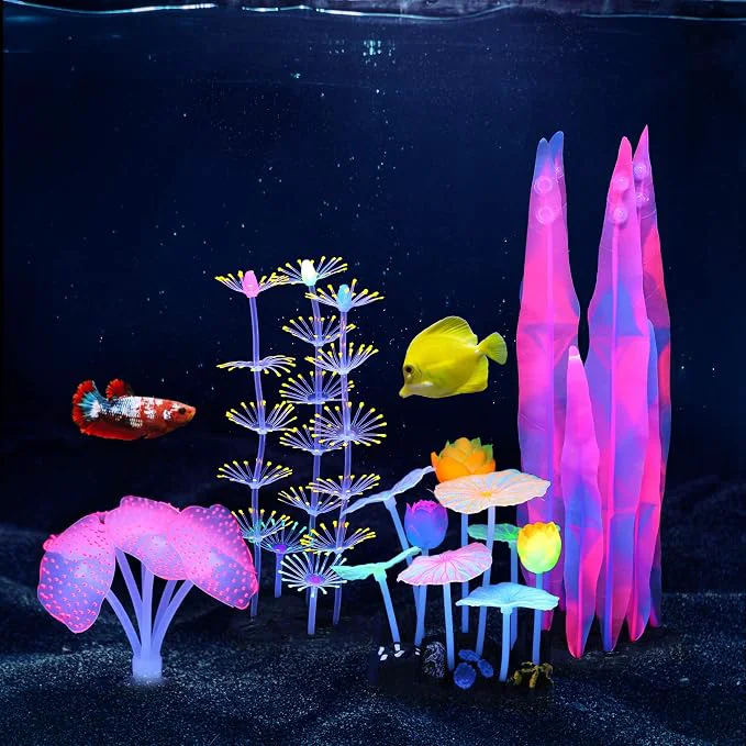 Durable Lpraer 4 Pack Glow Aquarium Decorations Coral Anemone Lotus Leaf Seaweed High-Grade