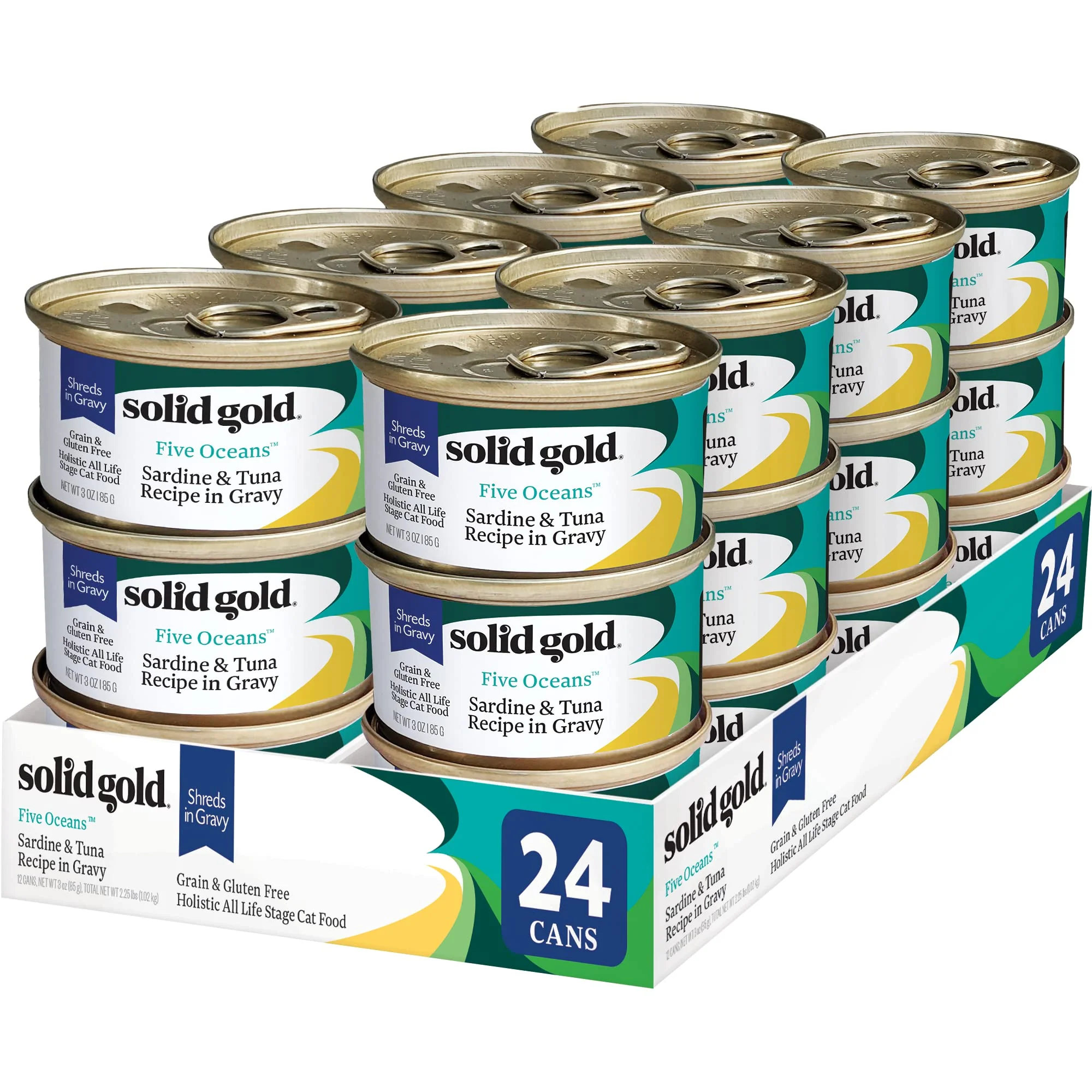 Original Design Solid Gold Wet Cat Food Shreds in Gravy – Tuna Sardine Grain- Canned Cat Food 24ct 3oz Crafted