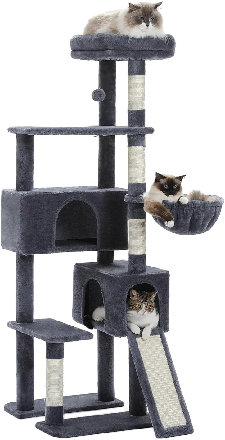 Durable PAWZ Road Cat Tree 60 Inches Cat Tower with Dual Condos Spacious Perch Cozy Basket and Sisal-Covered Scratching Posts for Indoor Cats- Dark Gray Long-Lasting