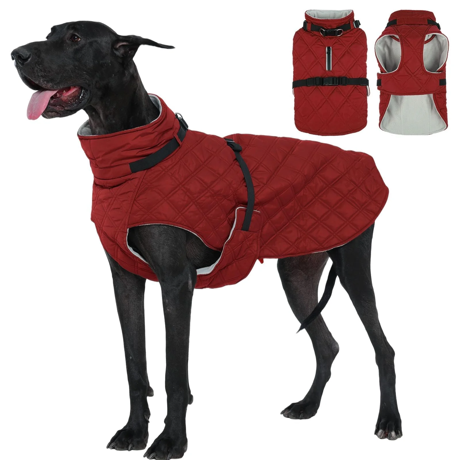 Responsible Kuoser Dog Coat with Built-in Harness — Warm Fleece Windproof Winter Jacket for XXL Dogs Great Dane 3XL Red Secure