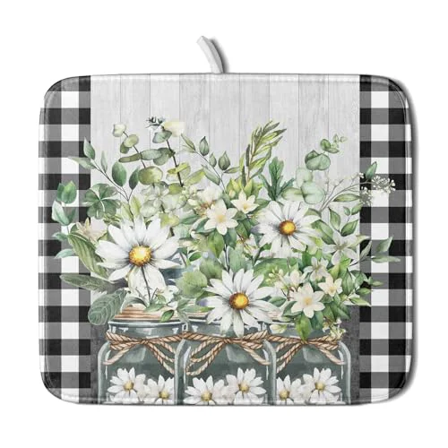 Versatile Spring Summer White Daisy Flowers Dish Drying Mat for Kitchen Counter Daisy Spring Flowers Dish Drying Mat 16×18 Inch Absorbent Reversible Microfiber Protector Drainer Mat Dishes Pad for Countertops Quality