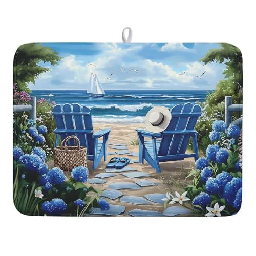 Top-Quality Summer Beach Dish Drying Mat 18×24 Inch Sea Shells Flowers Kitchen Mats Blue Microfiber Absorbent Dish Drainer Rack Mats Non Versatile