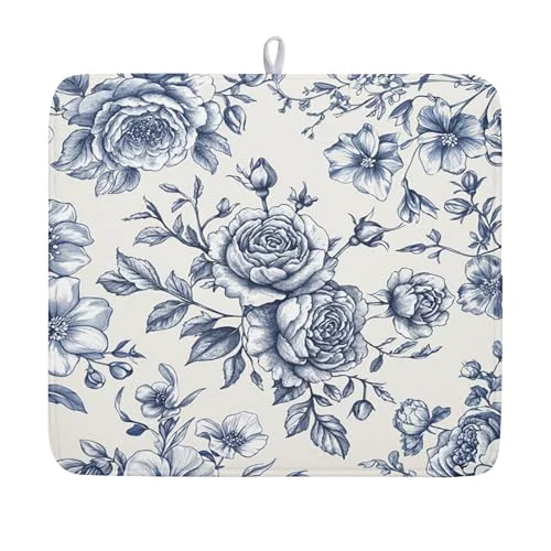 Modern Vintage Floral Dish Drying Mat for Kitchen Counter Blue Floral Chinoiserie Pattern Dish Drying Pad 16×18 In Absorbent French Farmhouse Decor Dishes Drainer Pad Dish Dry Rack Mat for Counter Coffee Bar Powerful
