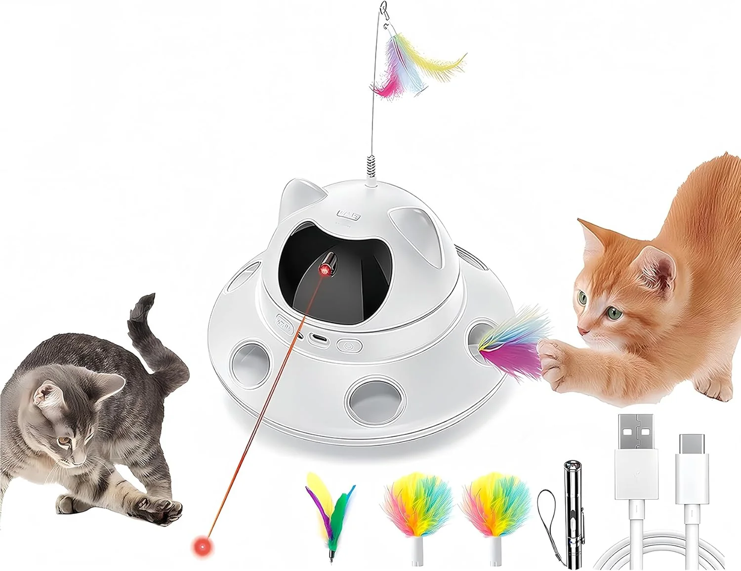 World-Class 3-in-1 Cat Laser Toy Interactive Automatic Motion-Activated Kitten Toy – 6 Holes Whack-A-Mole Feather Moving Ambush Fun – USB Rechargeable Apply to – Indoor Exercise for Cats of All Breeds Casual