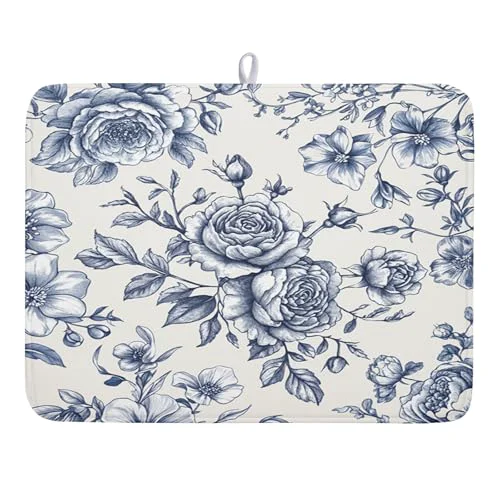 Reliable Vintage Floral Dish Drying Mat for Kitchen Counter Blue Floral Chinoiserie Pattern Dish Drying Pad 18×24 In Absorbent French Farmhouse Decor Dishes Drainer Pad Dish Dry Rack Mat for Counter Coffee Bar Minimalist