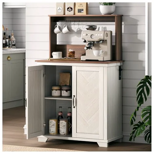 High-Grade Farmhouse Coffee Bar Cabinet with Storage and Charging Convenient