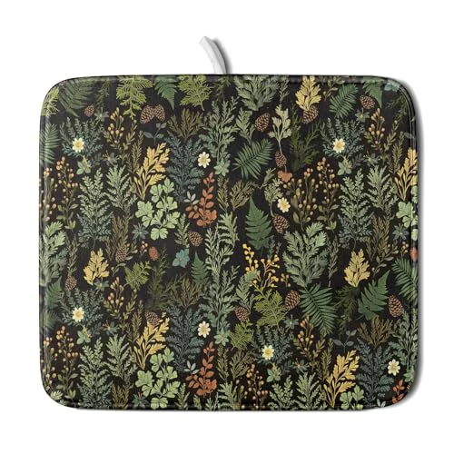 Classic Black Green Botanical Dish Drying Mat for Kitchen Counter 16×18 Inch Super Absorbent Microfiber Kitchen Drying Mat Green Plant Fern Leaves Floral Dish Reusable Washable Dish Drying Pad for Coffee Bar Versatile