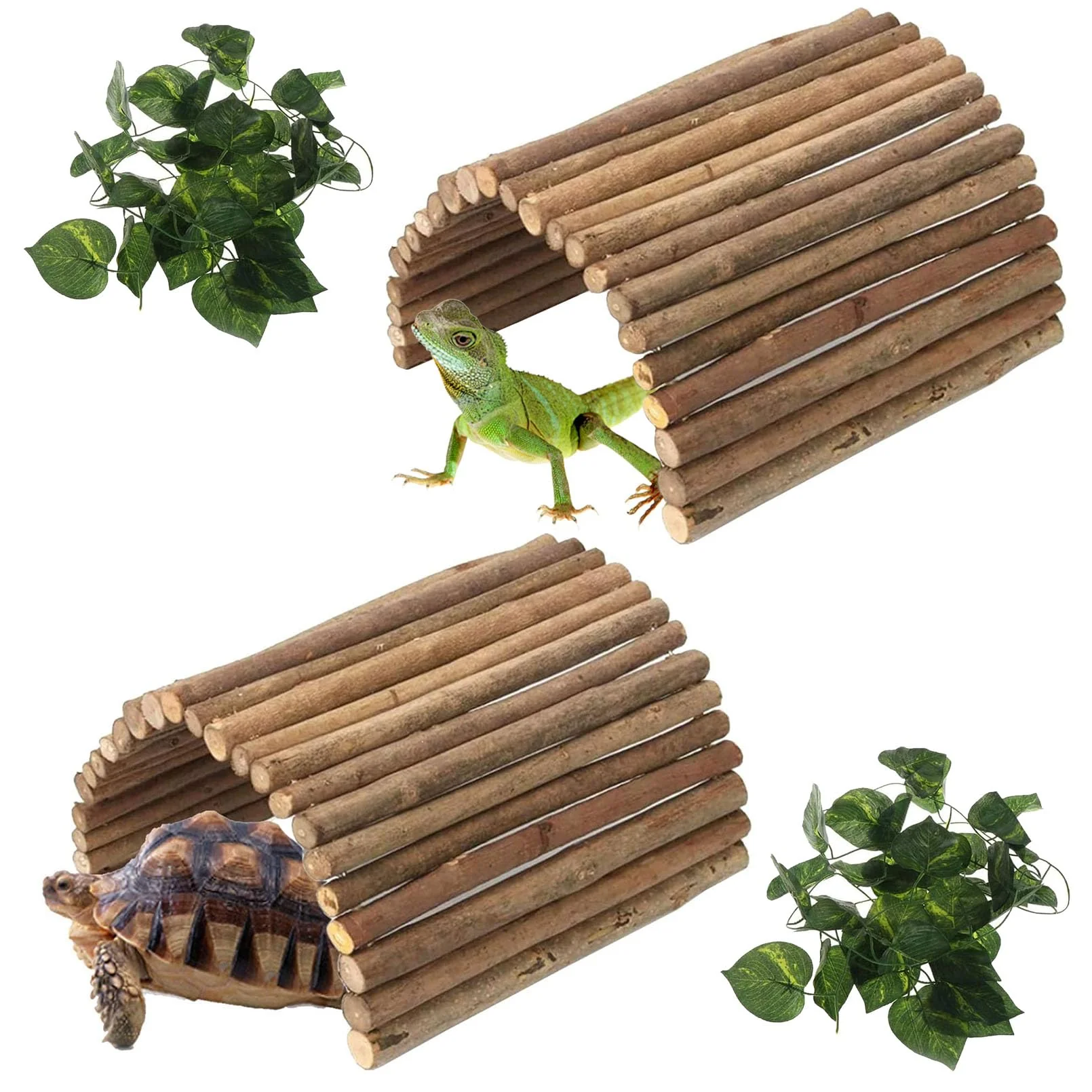 Long-Lasting Hamiledyi 2 PCS Extra Large Wooden Reptile Hideout – Bearded Dragon Bendy Bridge Climbing Ladder 20-inch by 11.8-inch World-Class