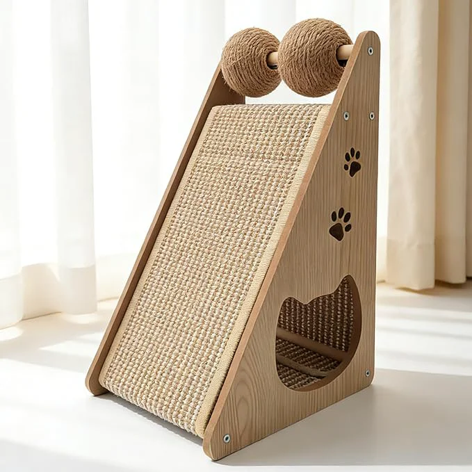 Smooth Sisal Cat Scratcher Ramp Scratching Post Vertical Cat Toy Scratch Pad with Balls for Indoor Cats Solid Wood Cat FurnitureAbout ThisOverview Quality