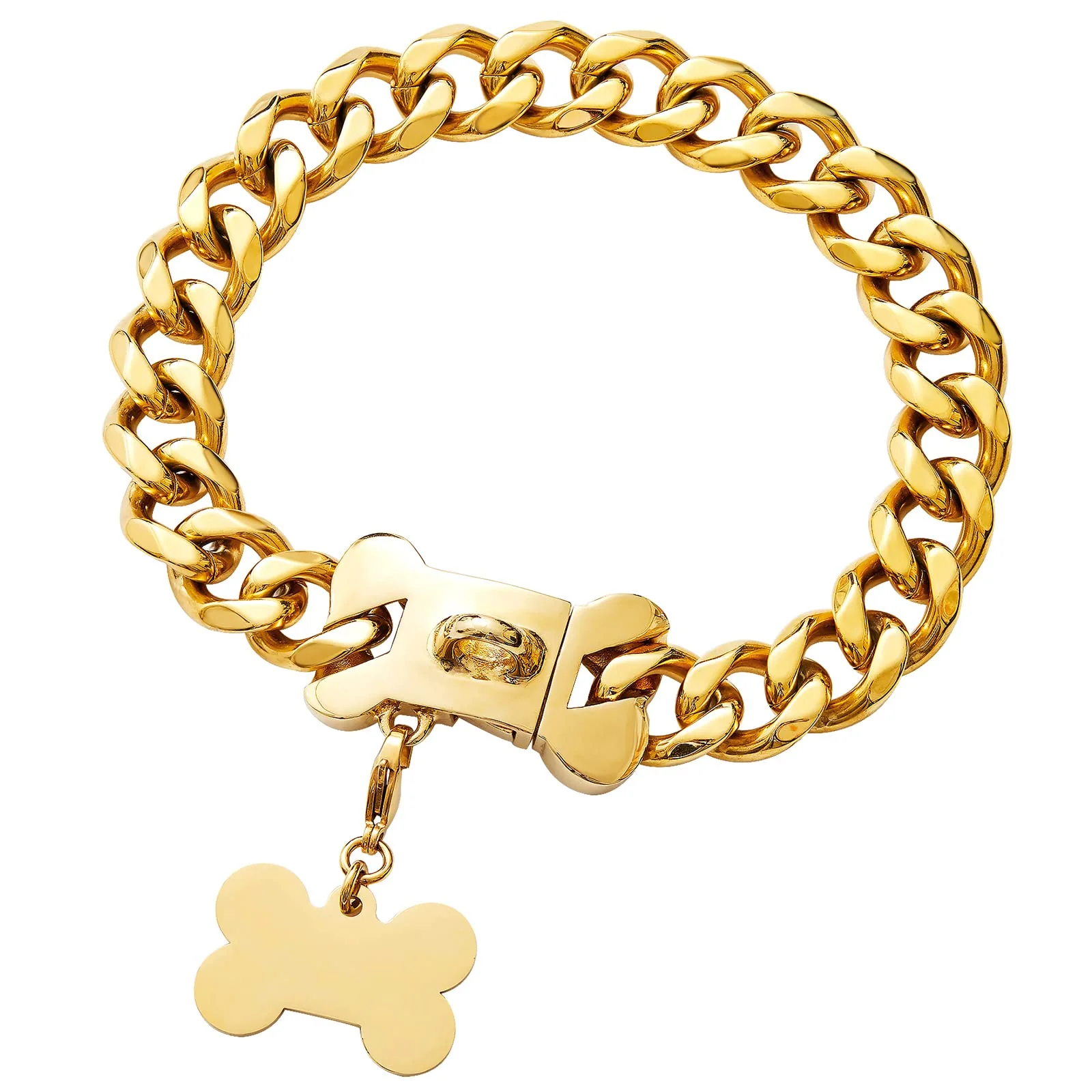 Traditional Yowity Strong Stainless Steel Gold Dog Collar – Heavy-Duty Cuban Link 0.75in x 20in High-End