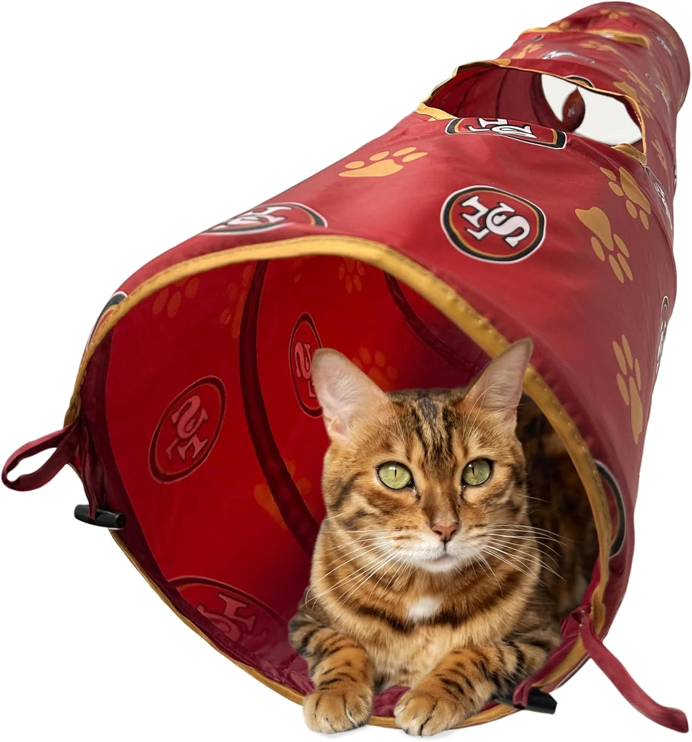 Crafted NFL San Francisco 49ers Cat Tunnel Tube Toy with Plush Football Catnip and Feathers Collapsible Tunnel for Cats to Play Peek and Hide Sporty Fun Cat Tunnel Toy with Team Logo All-Over Design Innovative