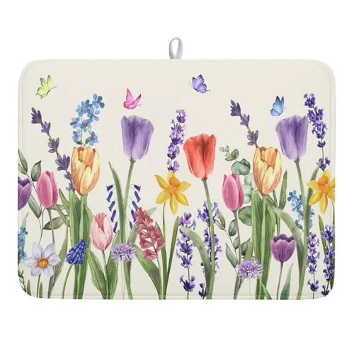 Original Design Spring Summer Floral Dish Drying Mat for Kitchen Counter 18×24 Inch Spring Flowers Dish Drainer Rack Mats Absorbent Kitchen Drying Mat Botanical Floral Drainer Rack Mats for Kitchen Countertop Decor Luxury