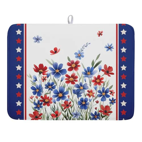Pure 4th of July Dish Drying Mats for Kitchen Counter Summer Flowers Patriotic Kitchen Mats 18×24 Inch Absorbent Microfiber Drainer Mats Independence Day Dishes Pad Quick Dry for Tableware Protector Decor Premium