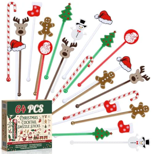 Long-Lasting 64 Pcs Christmas Swizzle Sticks Plastic Drink Stirrers 64 Count Flexible