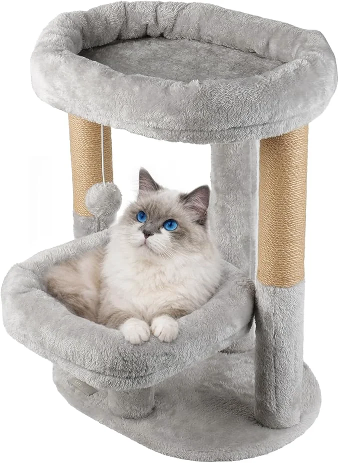 Proven Cat Tree for Indoor Cats 2-Tier Cat Tower with Padded Donut Beds Stable Structure Sisal Scratching Posts Hanging Ball Toy Modern Cat Furniture Light Grey About ThisOverview Safe