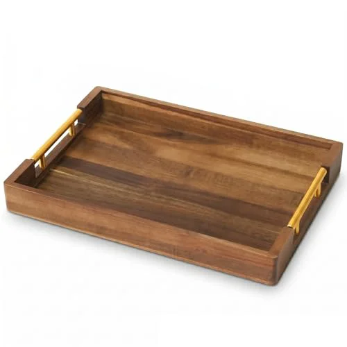 Traditional Acacia Wood Serving Tray with Golden Handles Detailed