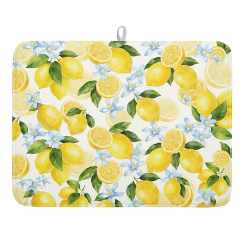 Sophisticated Lemon Dish Drying Mat 18×24 Inch Absorbent Reversible Summer Drying Mat Floral Lemon Fruits Dish Drying Rack Mat Yellow Summer Themed Dish Drainer Mat for Kitchen Counter Coffee Bar Unique