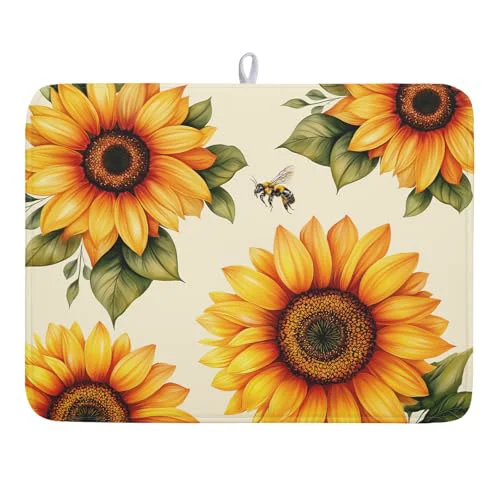Classic Sunflower Dish Drying Mat 18×24 Inch Absorbent Reversible Summer Drying Mat Sunflower Bee Dish Drying Rack Mat Yellow Summer Themed Dish Drainer Mat for Kitchen Counter Coffee Bar Eco-Friendly