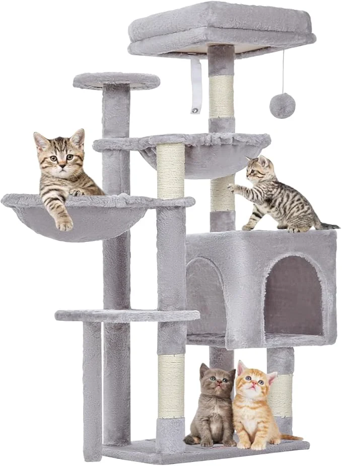 Advanced Taoqimiao Cat Tree 39.4-Inch Cat Tower for Indoor Cats Suitable for Kittens Plush Cat Condo with 5 Scratching Posts Plush Perch 2 Hammock Pompoms MS019W Light GrayAbout ThisOverview Clean