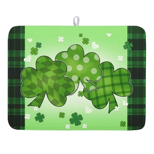 Quality St Patricks Day Shamrocks Lucky Clovers Dish Drying Mat for Kitchen Counter St Patrick’s Day Decorative Drying Pad 18×24 Inch Irish Green Buffalo Check Plaid Drying Dish Mats for Countertop Coffee Bar Enhanced