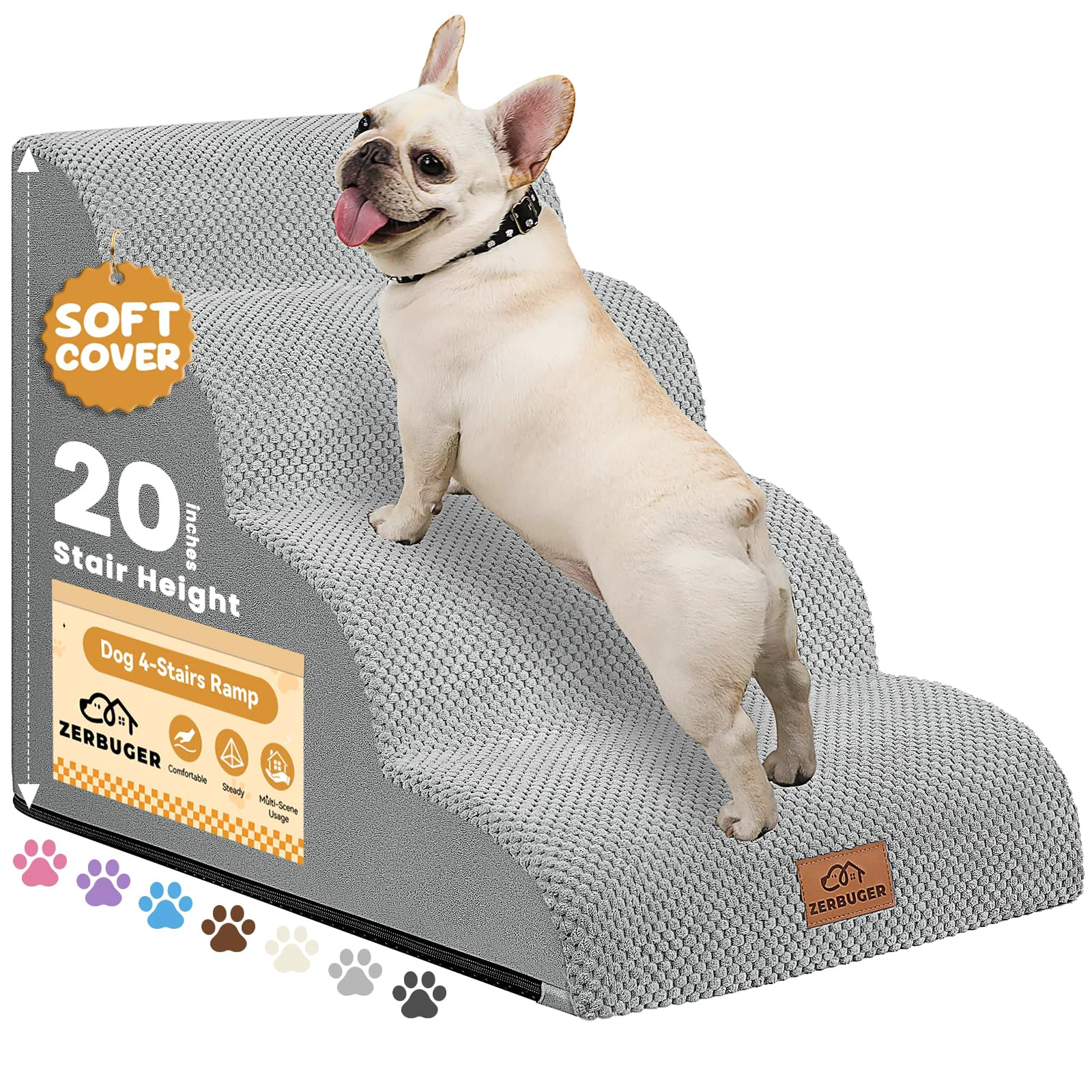 Casual Zerbuger Dog Ramp Stair for Bed 16 H 20 H 3-Step 4-Step Indoor Nonslip Cover Light Grey Artisan
