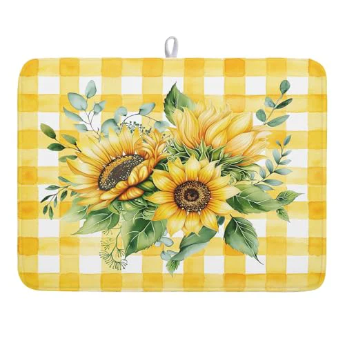 Unique Sunflower Dish Drying Mat 18×24 Inch Absorbent Reversible Summer Sunflower Drying Mat Summer Plaid Dish Drying Rack Mat Yellow Summer Themed Dish Drainer Mat for Kitchen Counter Coffee Bar Powerful