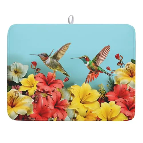 Safe Hummingbirds Floral Dish Drying Mat for Kitchen Counter 18×24 In Hibiscus Tropical Drying Mat Farmhouse Fast Dry Absorbent Microfiber Dish Drainer Rack Pad Mat for Countertop Decor Easy-to-Use